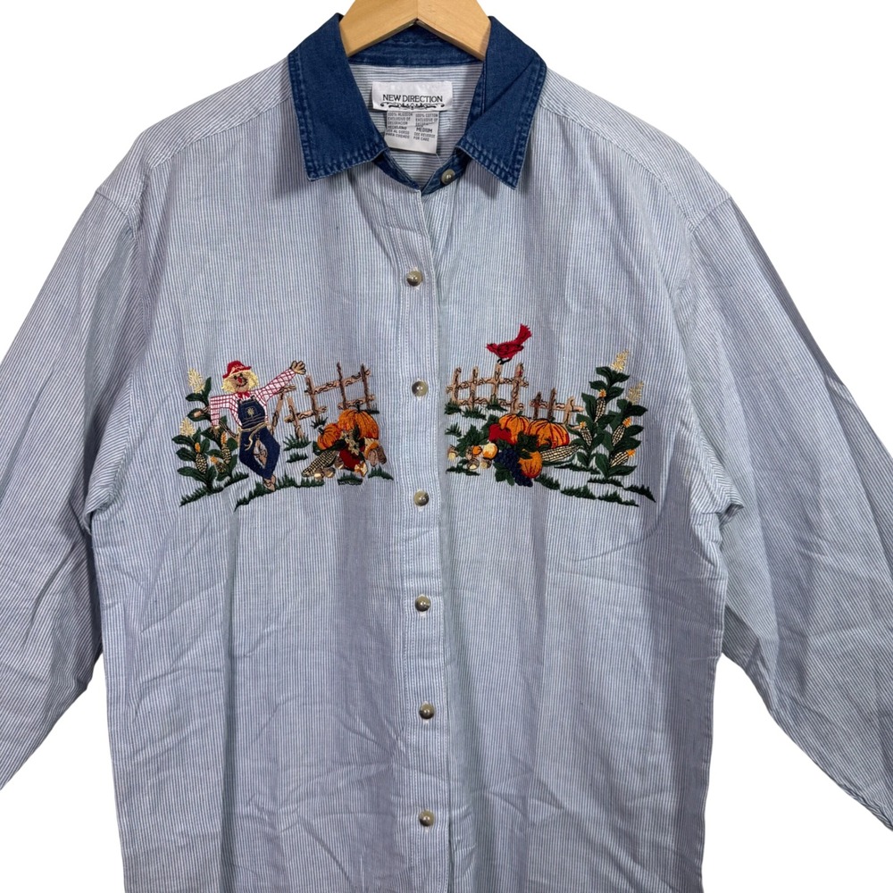 Vintage Womens Shirt‎ Medium Striped Oversized 90s Button Down Fall Embroidery - Picture 2 of 10